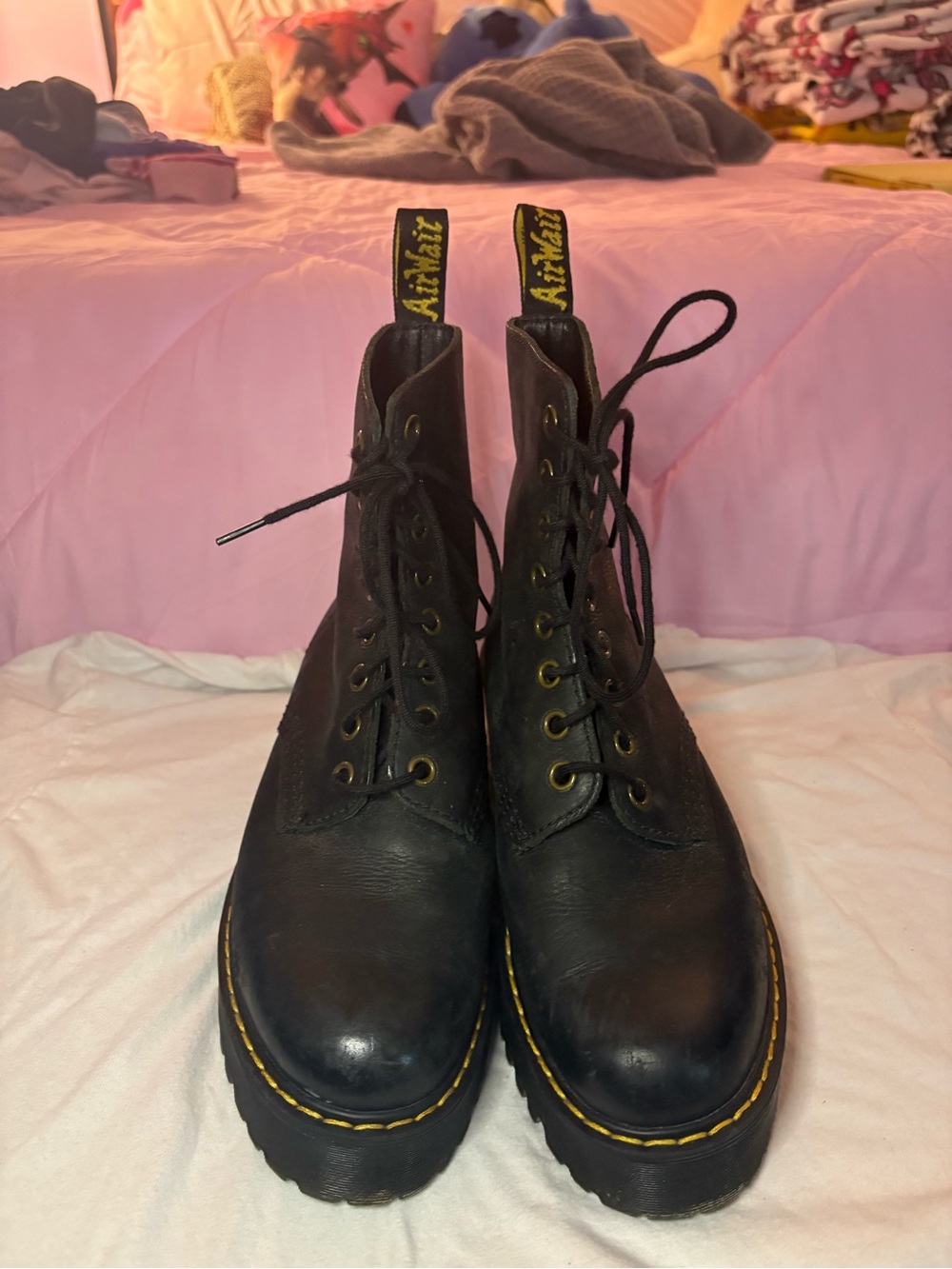 Dr. Martens Black Leather Lace-Up Platform Boots with Yellow Stitching
